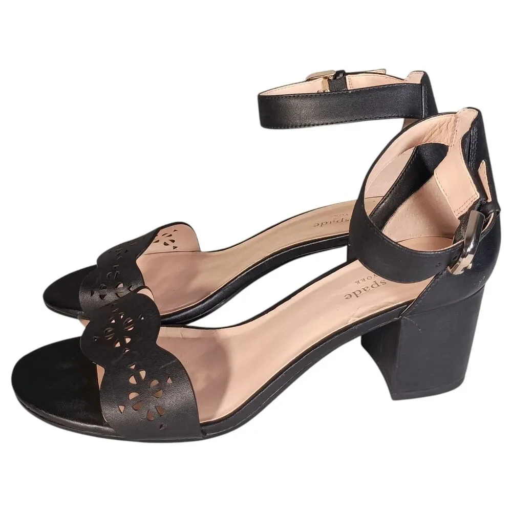 Kate Spade New York Willow Sandal Shoe 8.5 Block Heel Ankle Strap Black Leather
